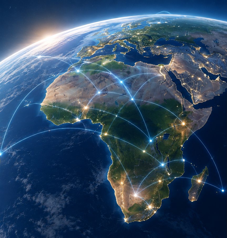 Night view of Africa from space with lit cities joined by network connection lines