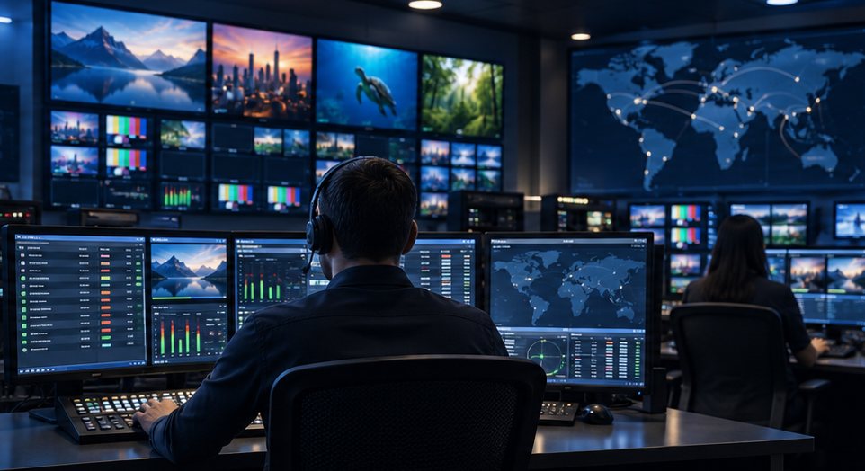 Operators monitoring live channels in a broadcast control room