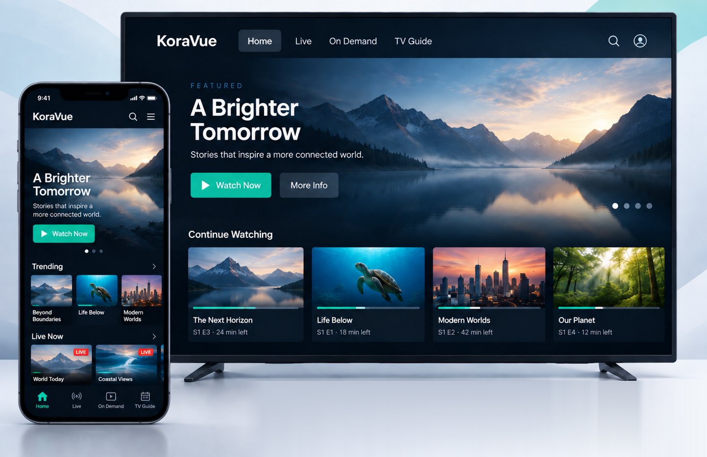 The KoraVue streaming service shown on a TV and a phone